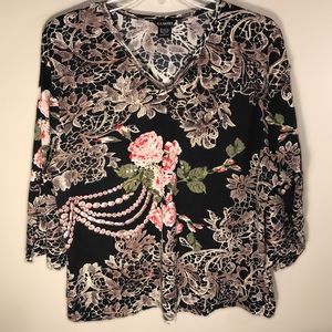 Cotton floral print t-shirt w/sequins, size 3X